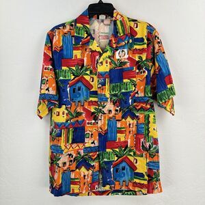 Vintage Toucan Dance Mens Camp Shirt Size M Vibrant Colors Palm Trees Casa‎